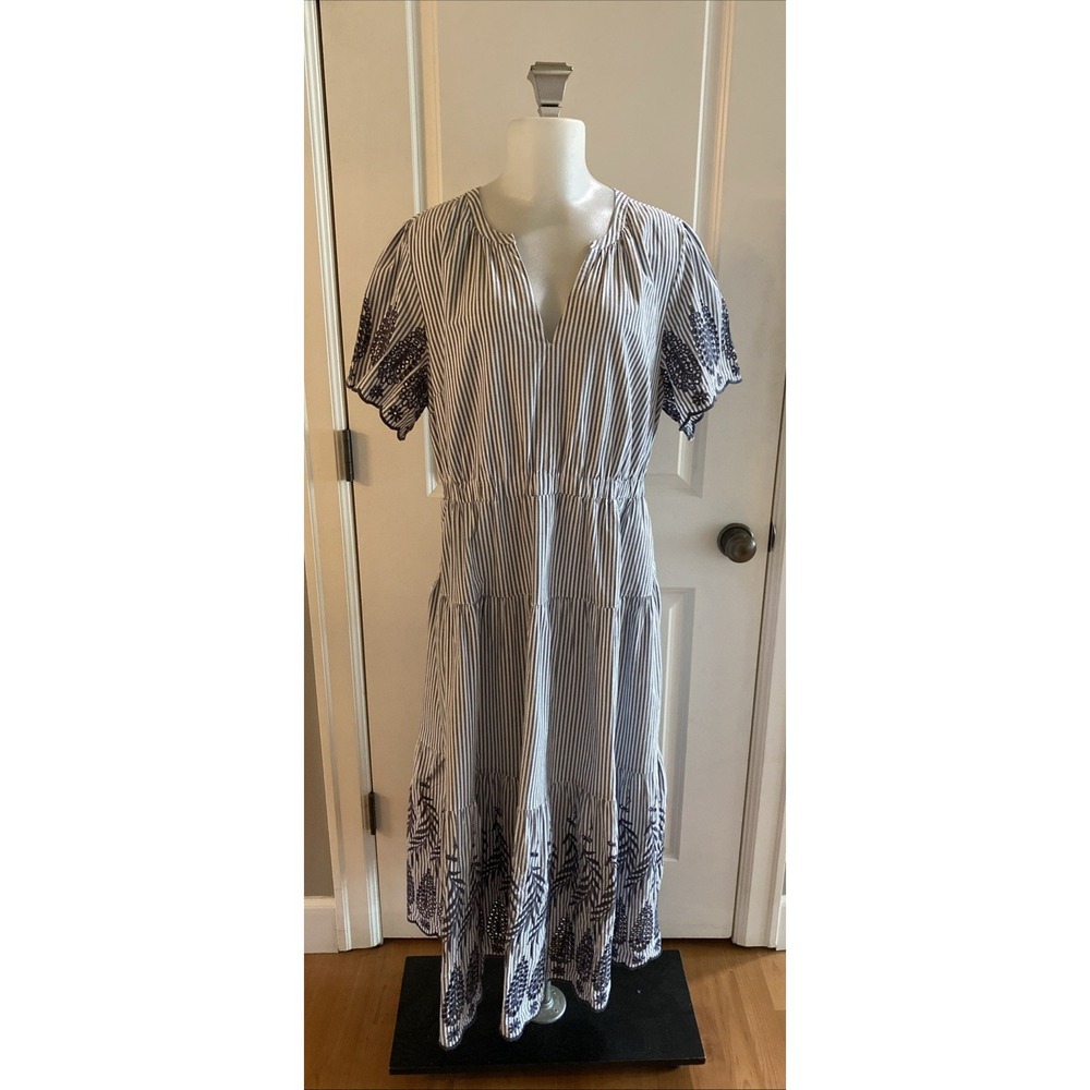 Lands‎ End Midi Tiered Elastic Waist Striped Gray White Eyelet Dress -Size 18